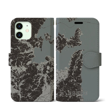 【七尾（石川県）】地図柄iPhoneケース（手帳タイプ）モノトーン・iPhone 12 mini 用