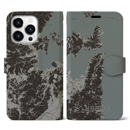 【七尾（石川県）】地図柄iPhoneケース（手帳タイプ）モノトーン・iPhone 13 Pro 用