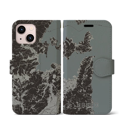 【七尾（石川県）】地図柄iPhoneケース（手帳タイプ）モノトーン・iPhone 13 mini 用