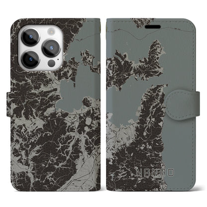 【七尾（石川県）】地図柄iPhoneケース（手帳タイプ）モノトーン・iPhone 14 Pro 用