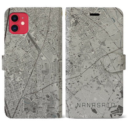 【七里（埼玉県）】地図柄iPhoneケース（手帳タイプ）モノトーン・iPhone 11 用