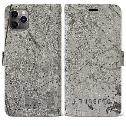 【七里（埼玉県）】地図柄iPhoneケース（手帳タイプ）モノトーン・iPhone 11 Pro Max 用