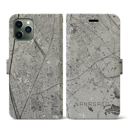 【七里（埼玉県）】地図柄iPhoneケース（手帳タイプ）モノトーン・iPhone 11 Pro 用