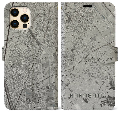 【七里（埼玉県）】地図柄iPhoneケース（手帳タイプ）モノトーン・iPhone 12 Pro Max 用