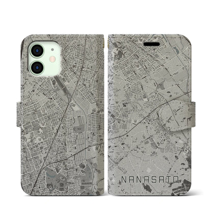 【七里（埼玉県）】地図柄iPhoneケース（手帳タイプ）モノトーン・iPhone 12 mini 用