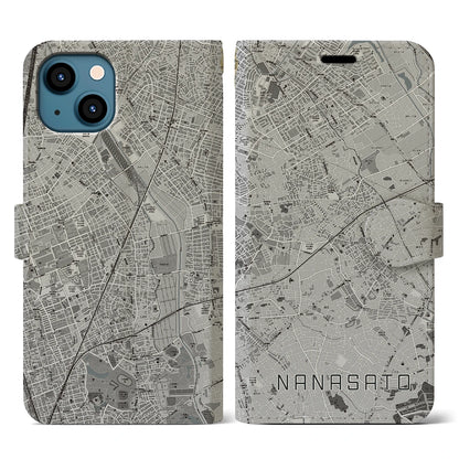 【七里（埼玉県）】地図柄iPhoneケース（手帳タイプ）モノトーン・iPhone 13 用