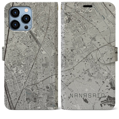 【七里（埼玉県）】地図柄iPhoneケース（手帳タイプ）モノトーン・iPhone 13 Pro Max 用