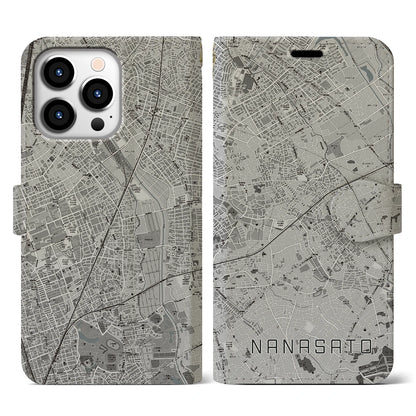 【七里（埼玉県）】地図柄iPhoneケース（手帳タイプ）モノトーン・iPhone 13 Pro 用