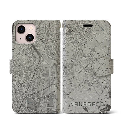 【七里（埼玉県）】地図柄iPhoneケース（手帳タイプ）モノトーン・iPhone 13 mini 用