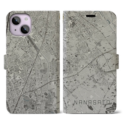 【七里（埼玉県）】地図柄iPhoneケース（手帳タイプ）モノトーン・iPhone 14 用