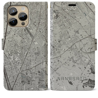 【七里（埼玉県）】地図柄iPhoneケース（手帳タイプ）モノトーン・iPhone 14 Pro Max 用