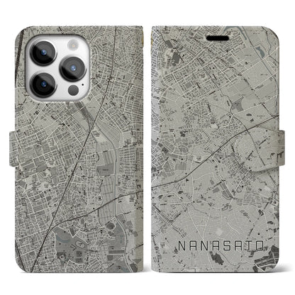 【七里（埼玉県）】地図柄iPhoneケース（手帳タイプ）モノトーン・iPhone 14 Pro 用