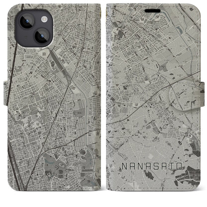 【七里（埼玉県）】地図柄iPhoneケース（手帳タイプ）モノトーン・iPhone 14 Plus 用