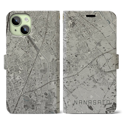 【七里（埼玉県）】地図柄iPhoneケース（手帳タイプ）モノトーン・iPhone 15 用