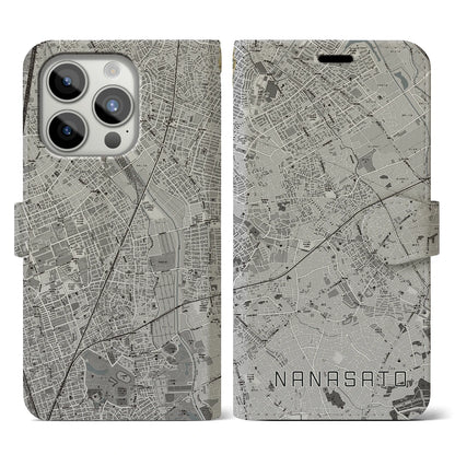 【七里（埼玉県）】地図柄iPhoneケース（手帳タイプ）モノトーン・iPhone 15 Pro 用