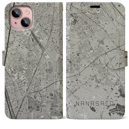 【七里（埼玉県）】地図柄iPhoneケース（手帳タイプ）モノトーン・iPhone 15 Plus 用