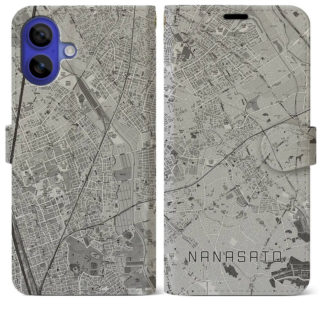 【七里(埼玉県)】地図柄iPhoneケース(手帳タイプ)モノトーン・iPhone 16 Pro Max 用