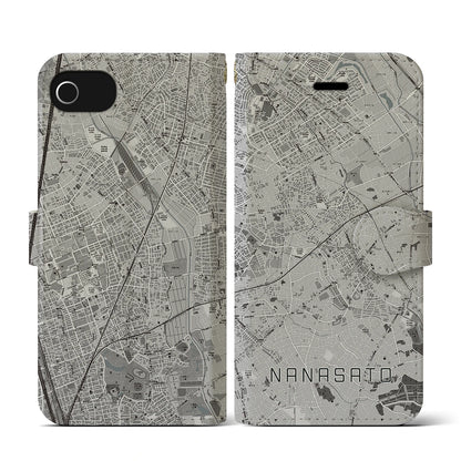 【七里（埼玉県）】地図柄iPhoneケース（手帳タイプ）モノトーン・iPhone SE（第3 / 第2世代） / 8 / 7 / 6s / 6 用