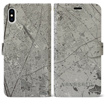 【七里（埼玉県）】地図柄iPhoneケース（手帳タイプ）モノトーン・iPhone XS Max 用