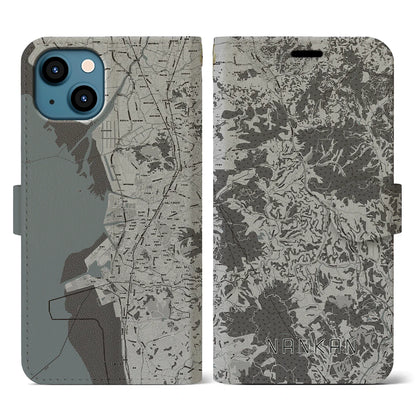 【南関（熊本県）】地図柄iPhoneケース（手帳タイプ）モノトーン・iPhone 13 用