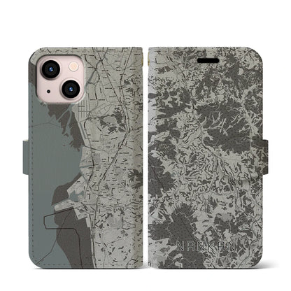 【南関（熊本県）】地図柄iPhoneケース（手帳タイプ）モノトーン・iPhone 13 mini 用