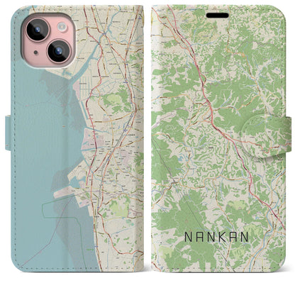 【南関（熊本県）】地図柄iPhoneケース（手帳タイプ）ナチュラル・iPhone 15 Plus 用
