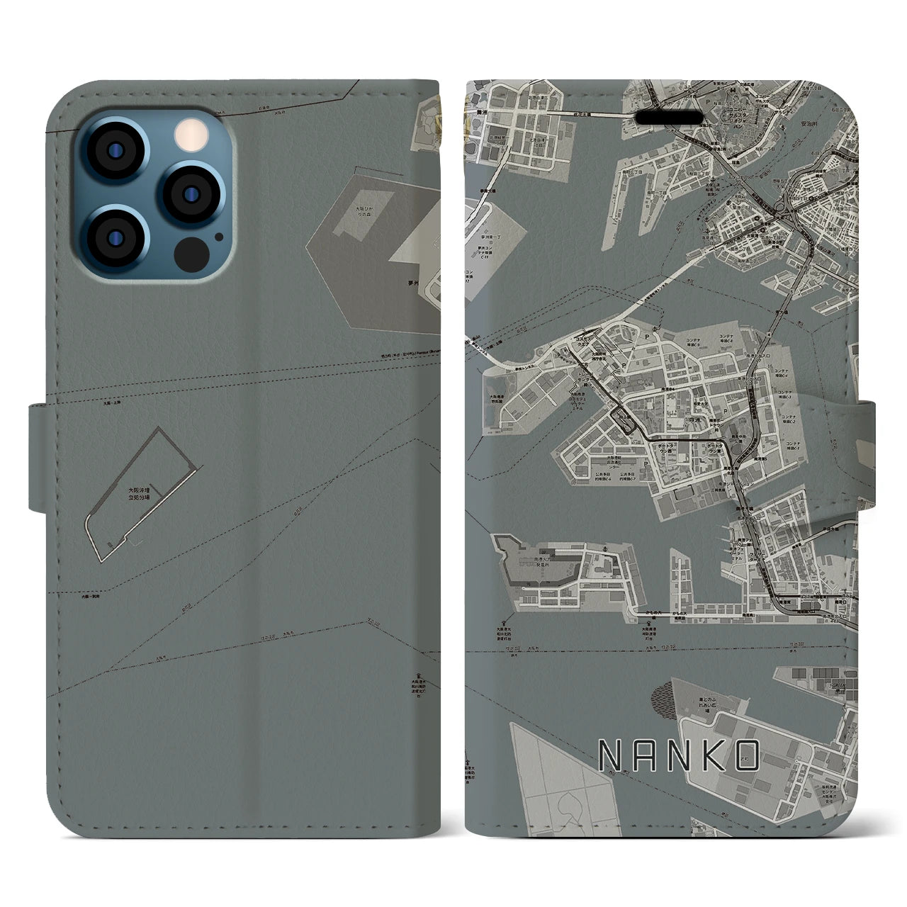 【南港】地図柄iPhoneケース（手帳両面タイプ・モノトーン）iPhone 12 / 12 Pro 用