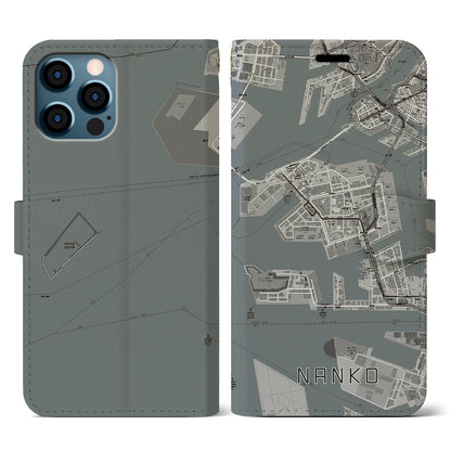 【南港（大阪府）】地図柄iPhoneケース（手帳タイプ）モノトーン・iPhone 12 / 12 Pro 用