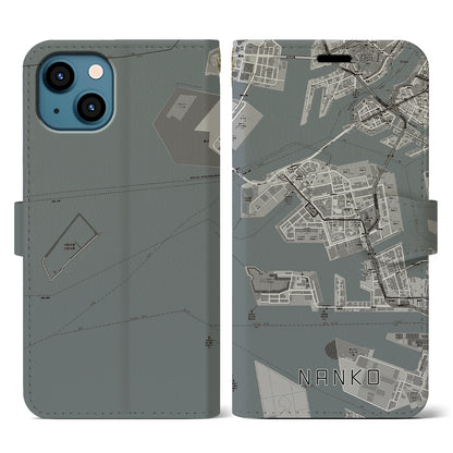 【南港（大阪府）】地図柄iPhoneケース（手帳タイプ）モノトーン・iPhone 13 用