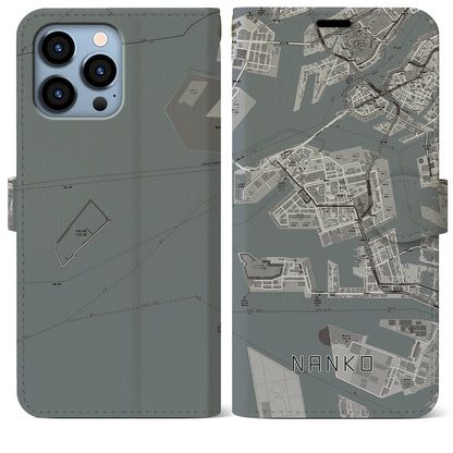 【南港（大阪府）】地図柄iPhoneケース（手帳タイプ）モノトーン・iPhone 13 Pro Max 用