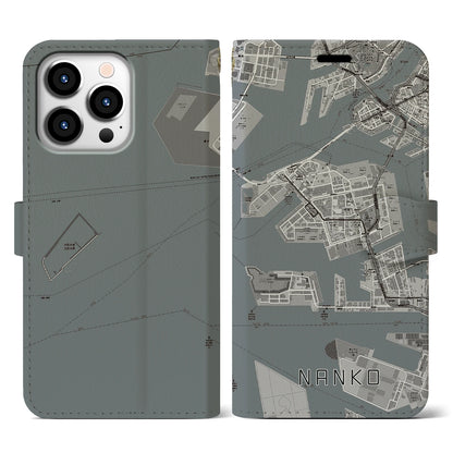 【南港（大阪府）】地図柄iPhoneケース（手帳タイプ）モノトーン・iPhone 13 Pro 用