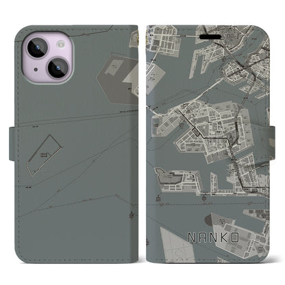 【南港（大阪府）】地図柄iPhoneケース（手帳タイプ）モノトーン・iPhone 14 用