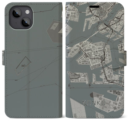 【南港（大阪府）】地図柄iPhoneケース（手帳タイプ）モノトーン・iPhone 14 Plus 用