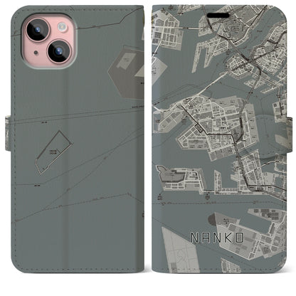 【南港（大阪府）】地図柄iPhoneケース（手帳タイプ）モノトーン・iPhone 15 Plus 用