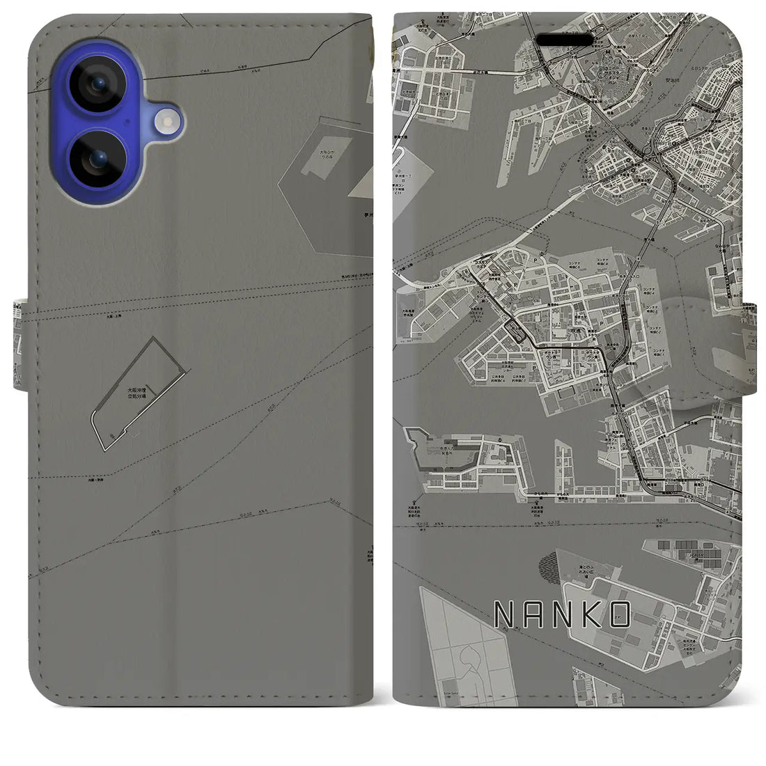 【南港(大阪府)】地図柄iPhoneケース(手帳タイプ)モノトーン・iPhone 16 Pro Max 用