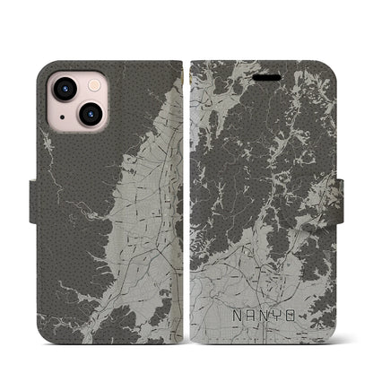 【南陽（山形県）】地図柄iPhoneケース（手帳タイプ）モノトーン・iPhone 13 mini 用