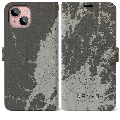 【南陽（山形県）】地図柄iPhoneケース（手帳タイプ）モノトーン・iPhone 15 Plus 用