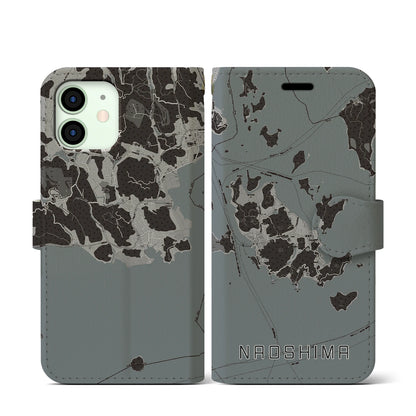 【直島（香川県）】地図柄iPhoneケース（手帳タイプ）モノトーン・iPhone 12 mini 用