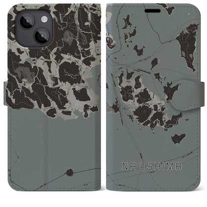 【直島（香川県）】地図柄iPhoneケース（手帳タイプ）モノトーン・iPhone 14 Plus 用