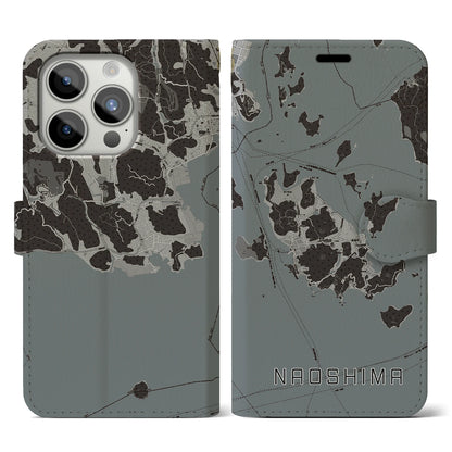 【直島（香川県）】地図柄iPhoneケース（手帳タイプ）モノトーン・iPhone 15 Pro 用