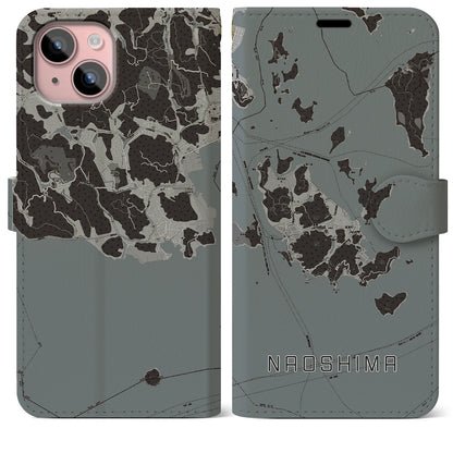 【直島（香川県）】地図柄iPhoneケース（手帳タイプ）モノトーン・iPhone 15 Plus 用