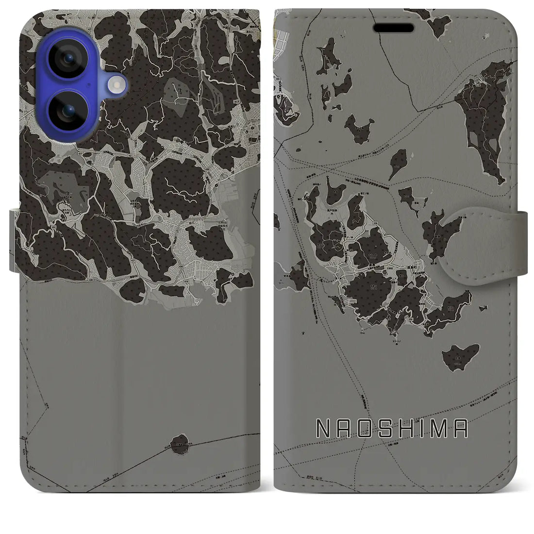 【直島(香川県)】地図柄iPhoneケース(手帳タイプ)モノトーン・iPhone 16 Pro Max 用