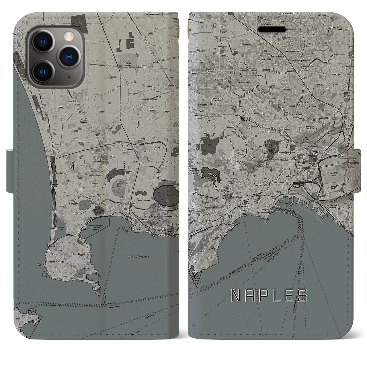 【ナポリ】地図柄iPhoneケース（手帳両面タイプ・モノトーン）iPhone 11 Pro Max 用