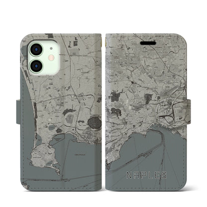 【ナポリ（イタリア）】地図柄iPhoneケース（手帳タイプ）モノトーン・iPhone 12 mini 用