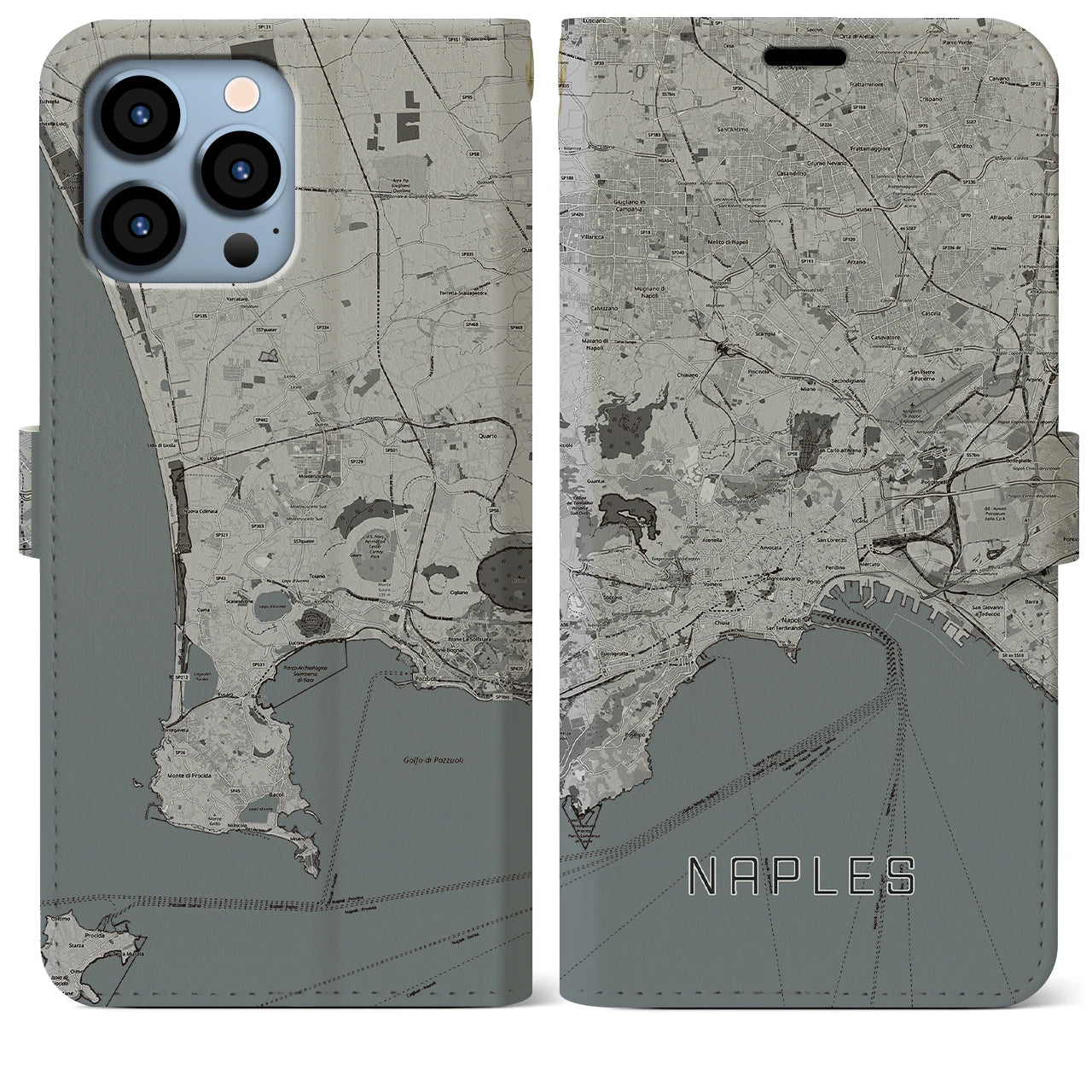 【ナポリ】地図柄iPhoneケース（手帳両面タイプ・モノトーン）iPhone 13 Pro Max 用