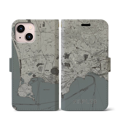 【ナポリ（イタリア）】地図柄iPhoneケース（手帳タイプ）モノトーン・iPhone 13 mini 用