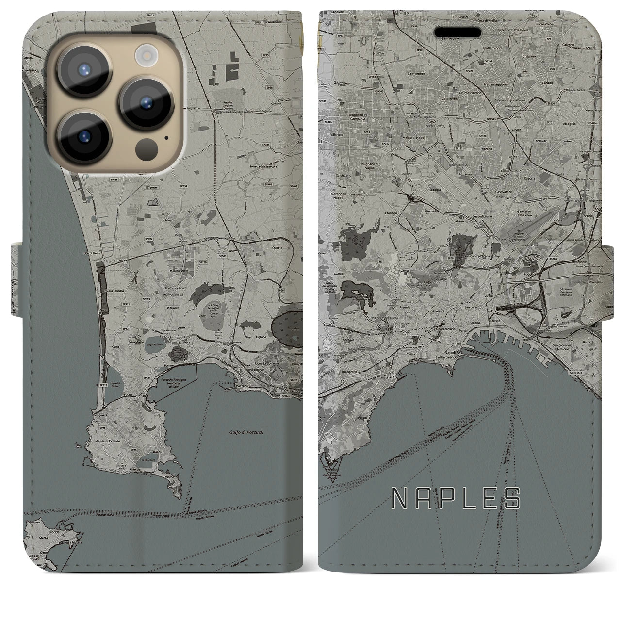 【ナポリ】地図柄iPhoneケース（手帳両面タイプ・モノトーン）iPhone 14 Pro Max 用