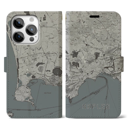 【ナポリ（イタリア）】地図柄iPhoneケース（手帳タイプ）モノトーン・iPhone 14 Pro 用