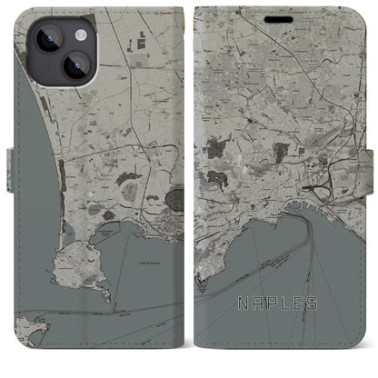 【ナポリ（イタリア）】地図柄iPhoneケース（手帳タイプ）モノトーン・iPhone 14 Plus 用