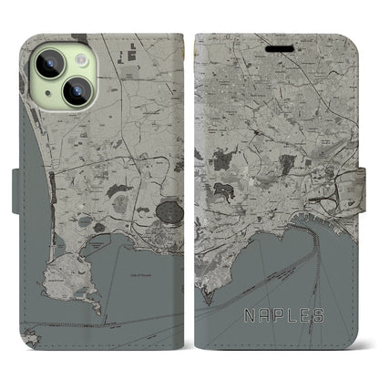 【ナポリ（イタリア）】地図柄iPhoneケース（手帳タイプ）モノトーン・iPhone 15 用